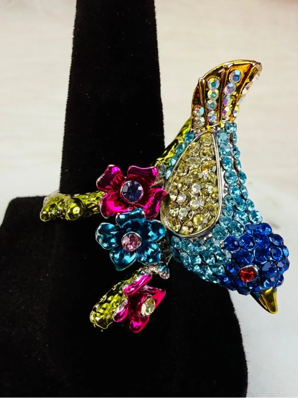 Colorful Bird size 5 3/4 Statement Ring with Crystals